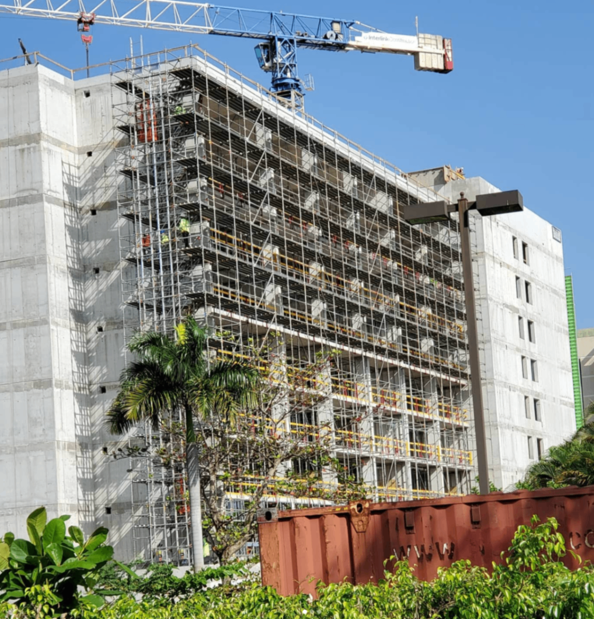 Exterior building scaffolding during large-scale construction