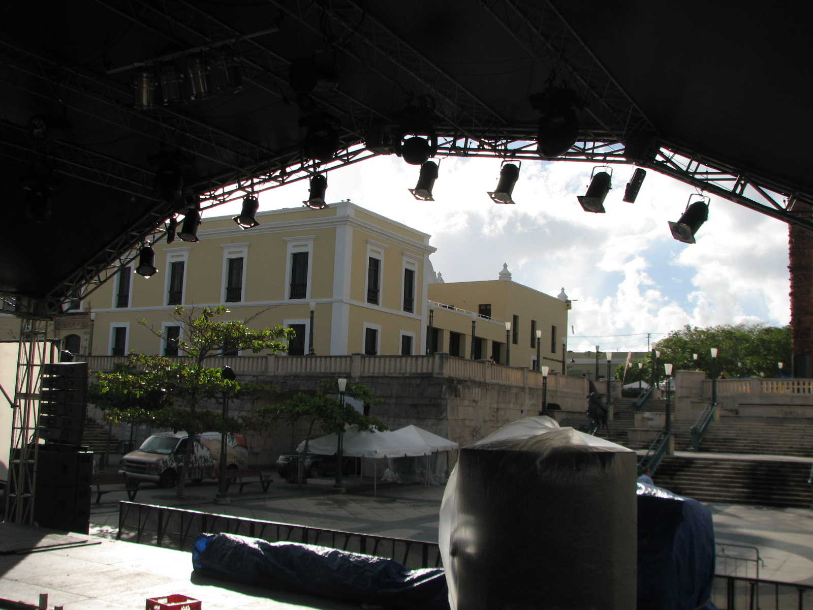 View from stage across public plaza and lighting rig