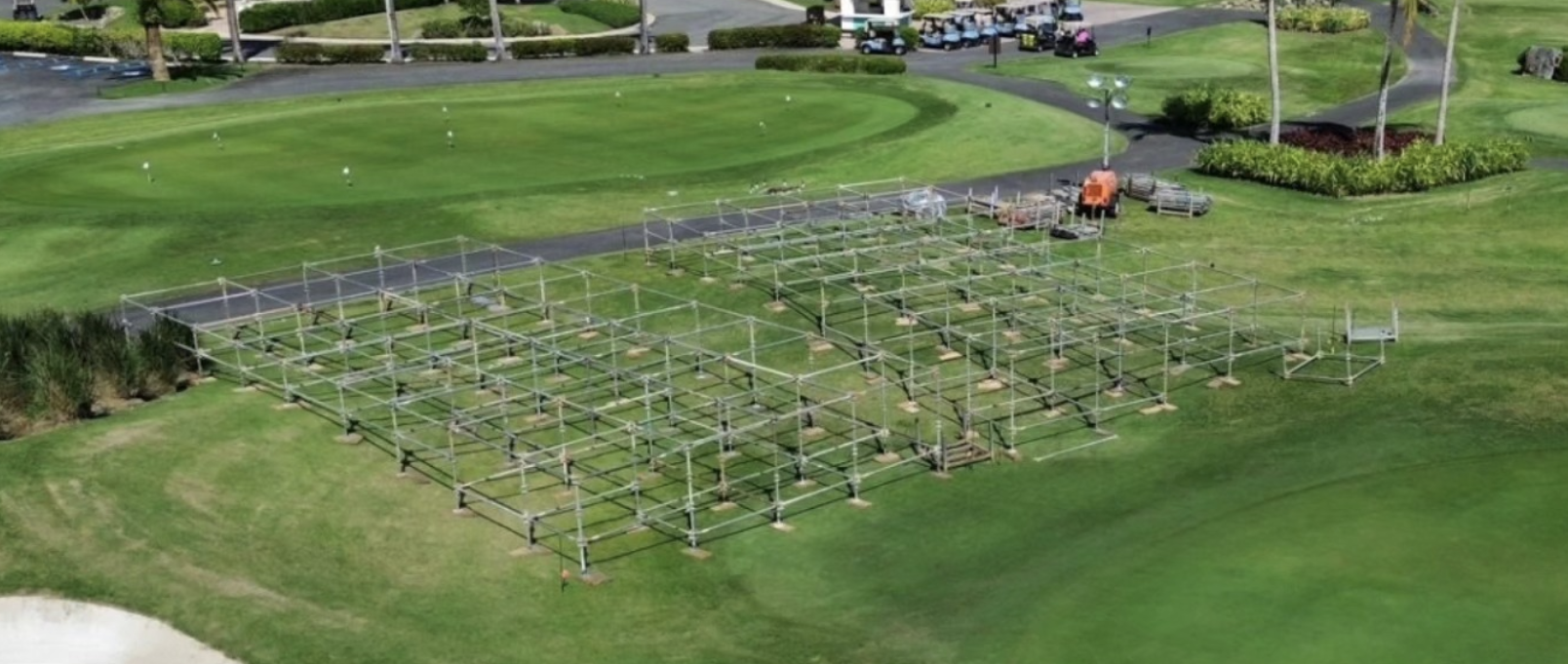 Aerial view of modular platform structure on golf course