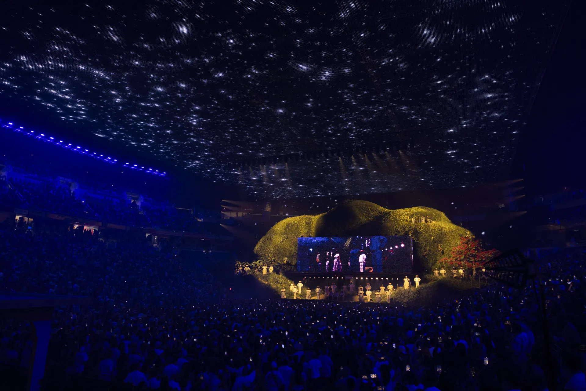 Large indoor concert stage with moss-covered scenic design and starry ceiling